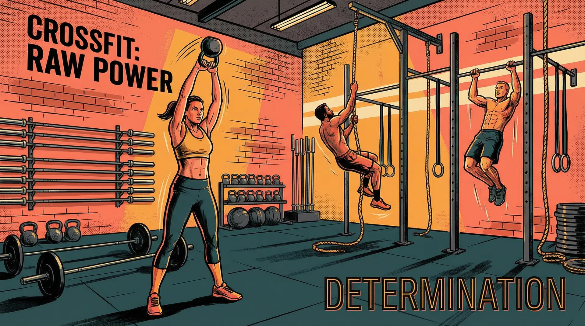 High-energy CrossFit box with athletes performing WODs and rope climbs — CrossFit gym management and scheduling software