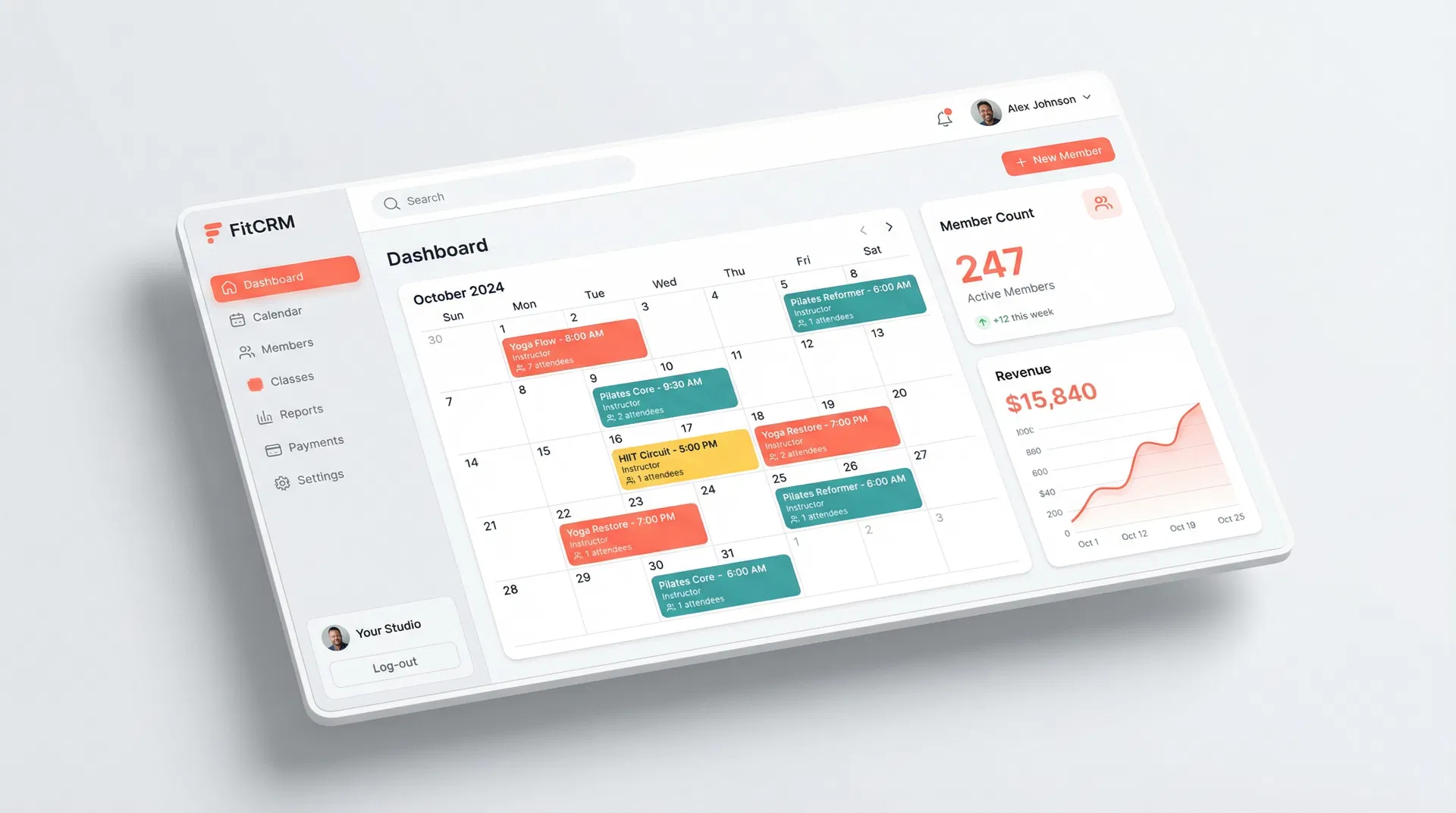 FitCRM studio management dashboard showing class schedule, revenue analytics, and member management interface