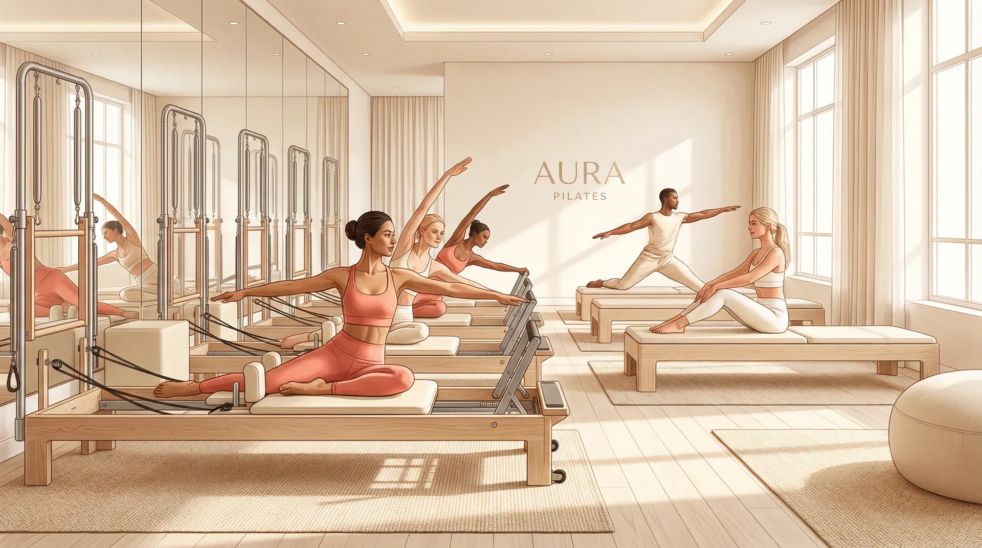 Modern pilates studio with reformer equipment and instructor guiding a private session — pilates studio booking and management