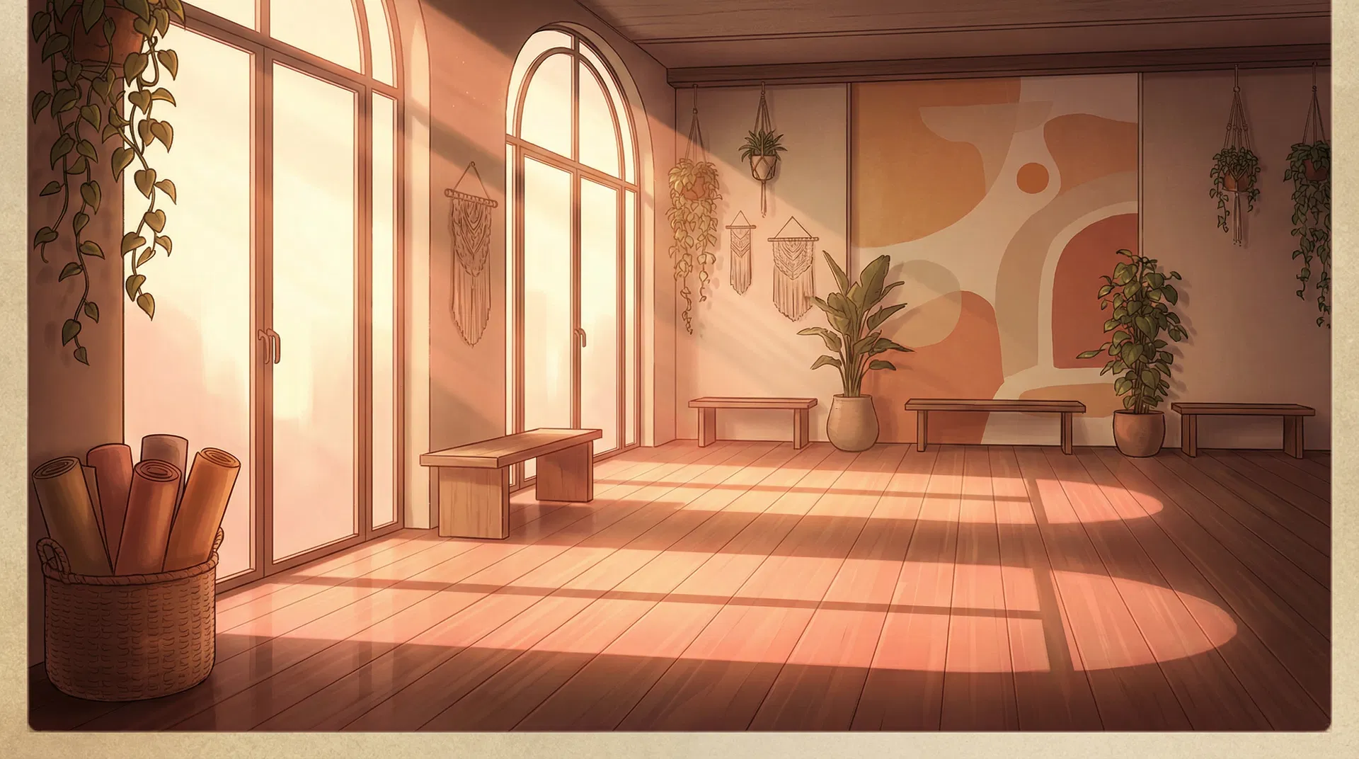 Serene yoga studio with natural light, plants, and members practicing vinyasa flow — ideal for yoga studio management software